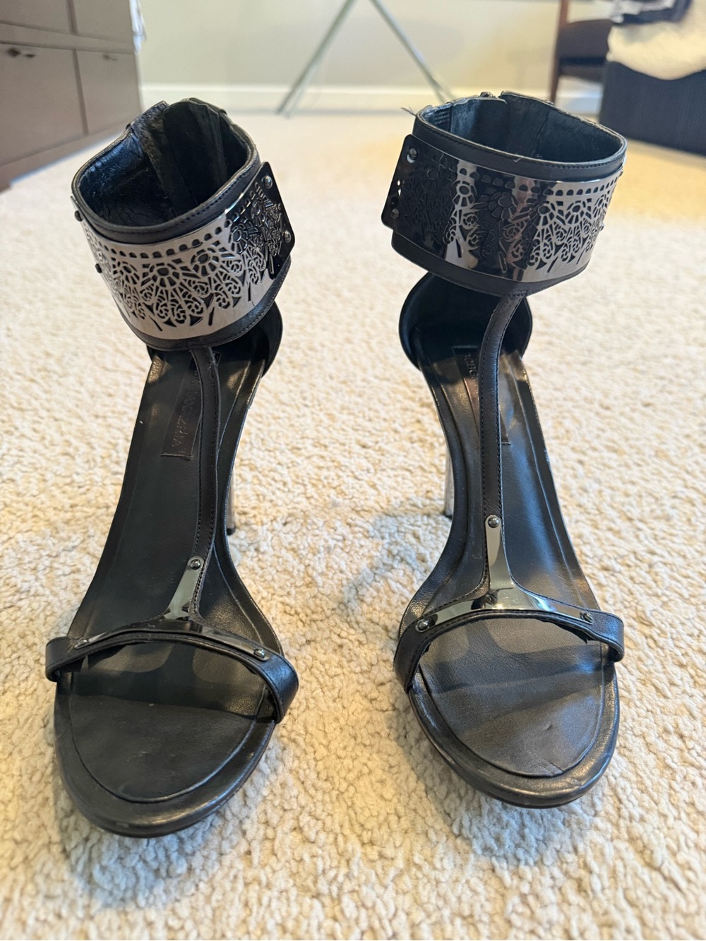 BCBGMaxAzria Black Laser-Cut Ankle Cuff T-Strap Heels